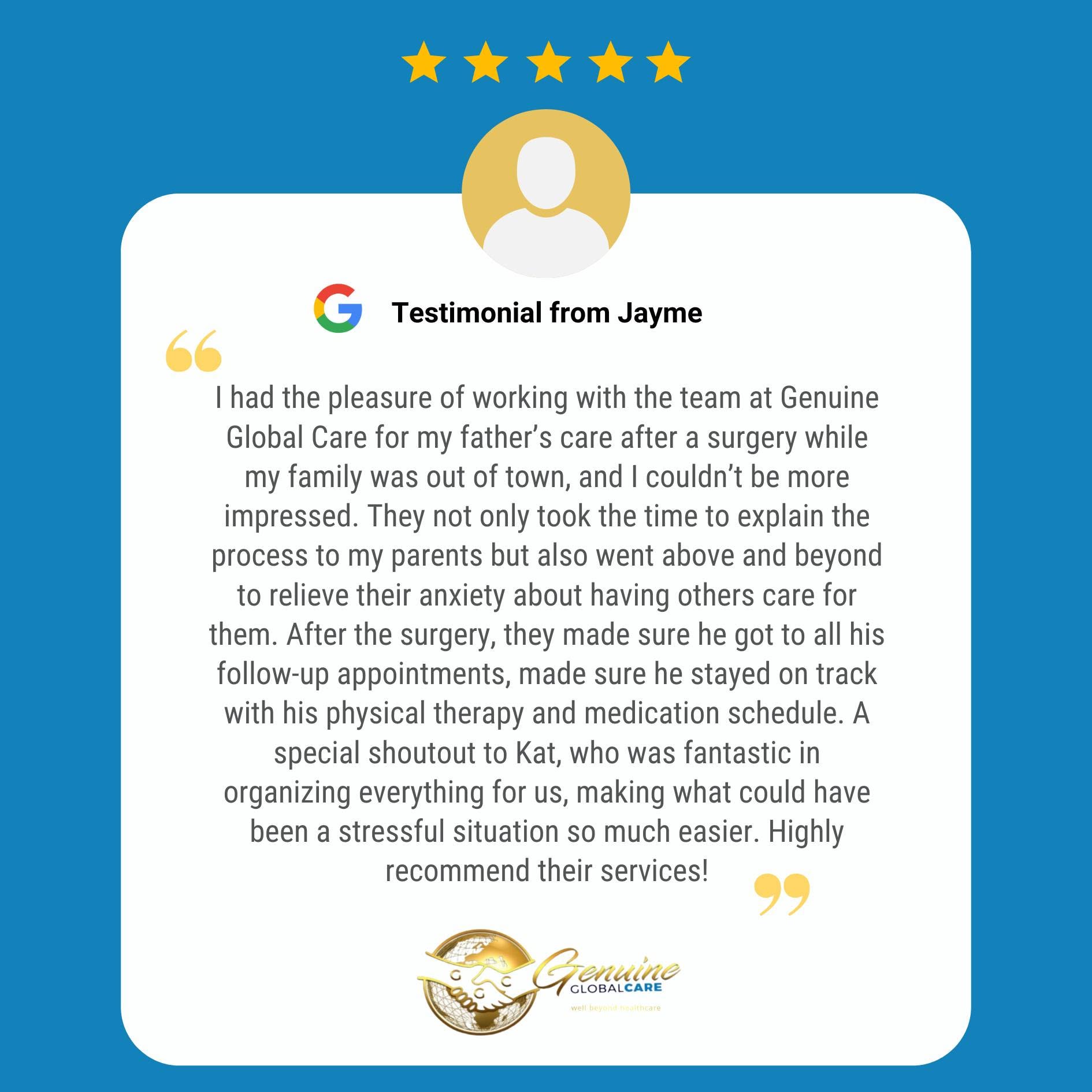 Genuine Global Care client testimonial social media graphic