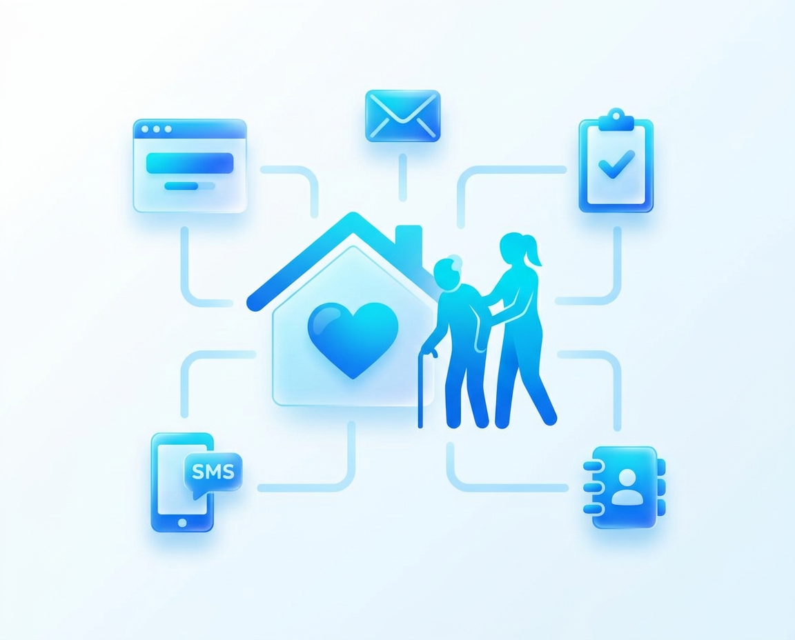 Gradient illustration of a caregiver and client at home, connected to websites, marketing, email, recruiting, phone, SMS and CRM tools