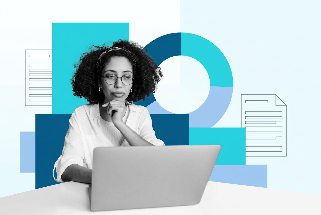 A home care agency owner at her laptop in a cyan and azure blogging editorial collage