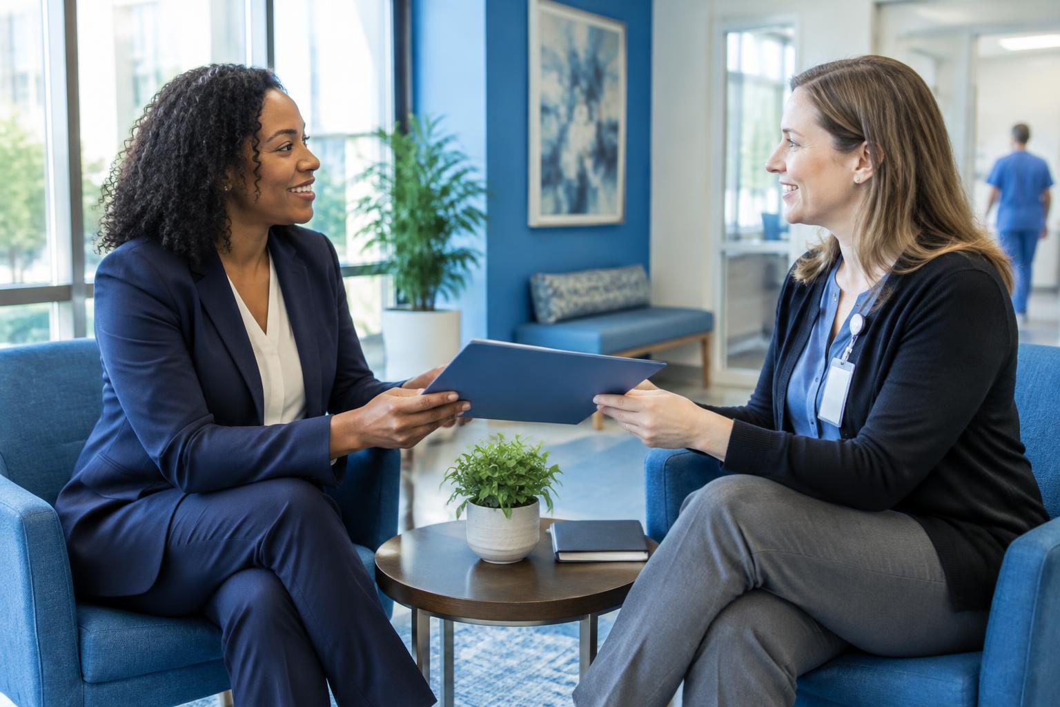 Home care agency owner meeting a healthcare professional to discuss community referral connections