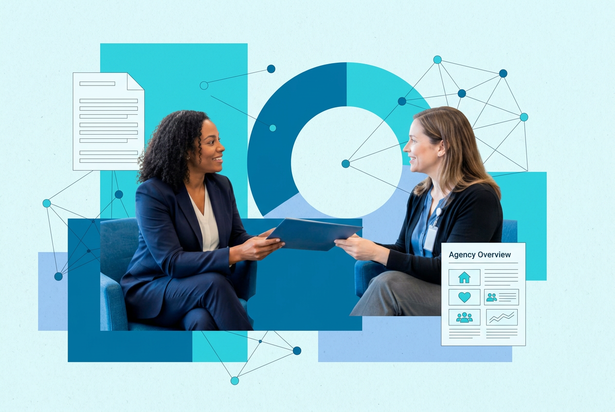 Editorial collage of a home care agency owner meeting a healthcare professional, with community connections and an agency overview